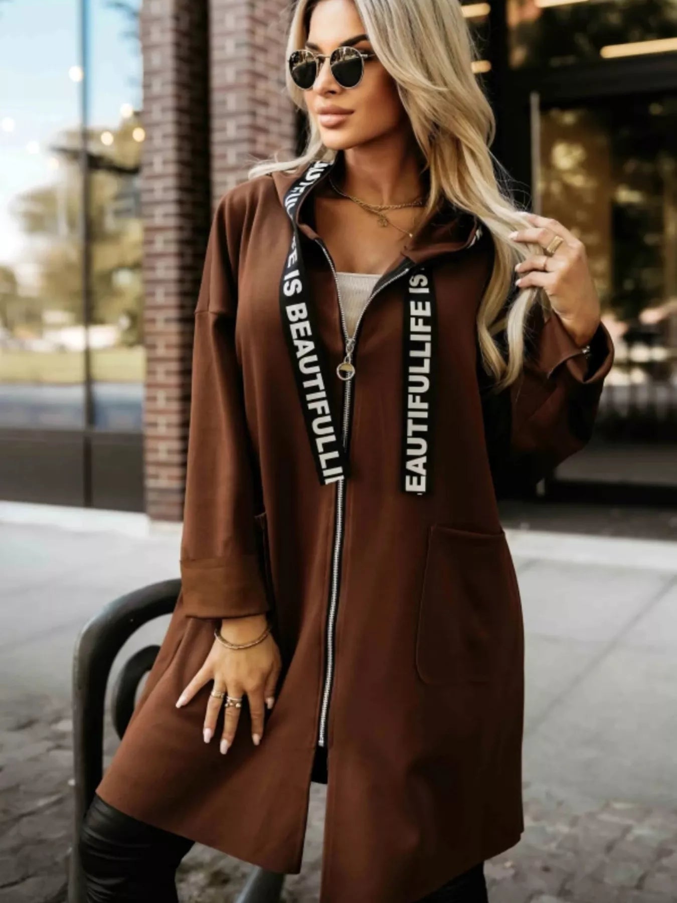 Full Size Casual Hooded Zip - Up Longline Outerwear Plus Size - Rochelle's House LLC