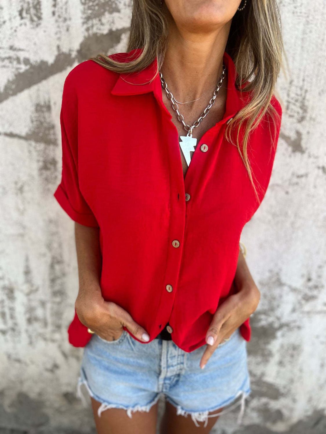 Front view of Full Size Collared Neck Half Sleeve Shirt Plus Size in Scarlet showing neckline and sleeve details