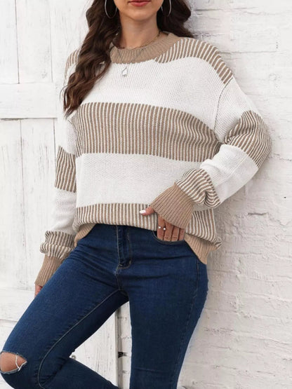 Full Size Color Block Dropped Shoulder Sweater Plus Size - Rochelle's House LLC