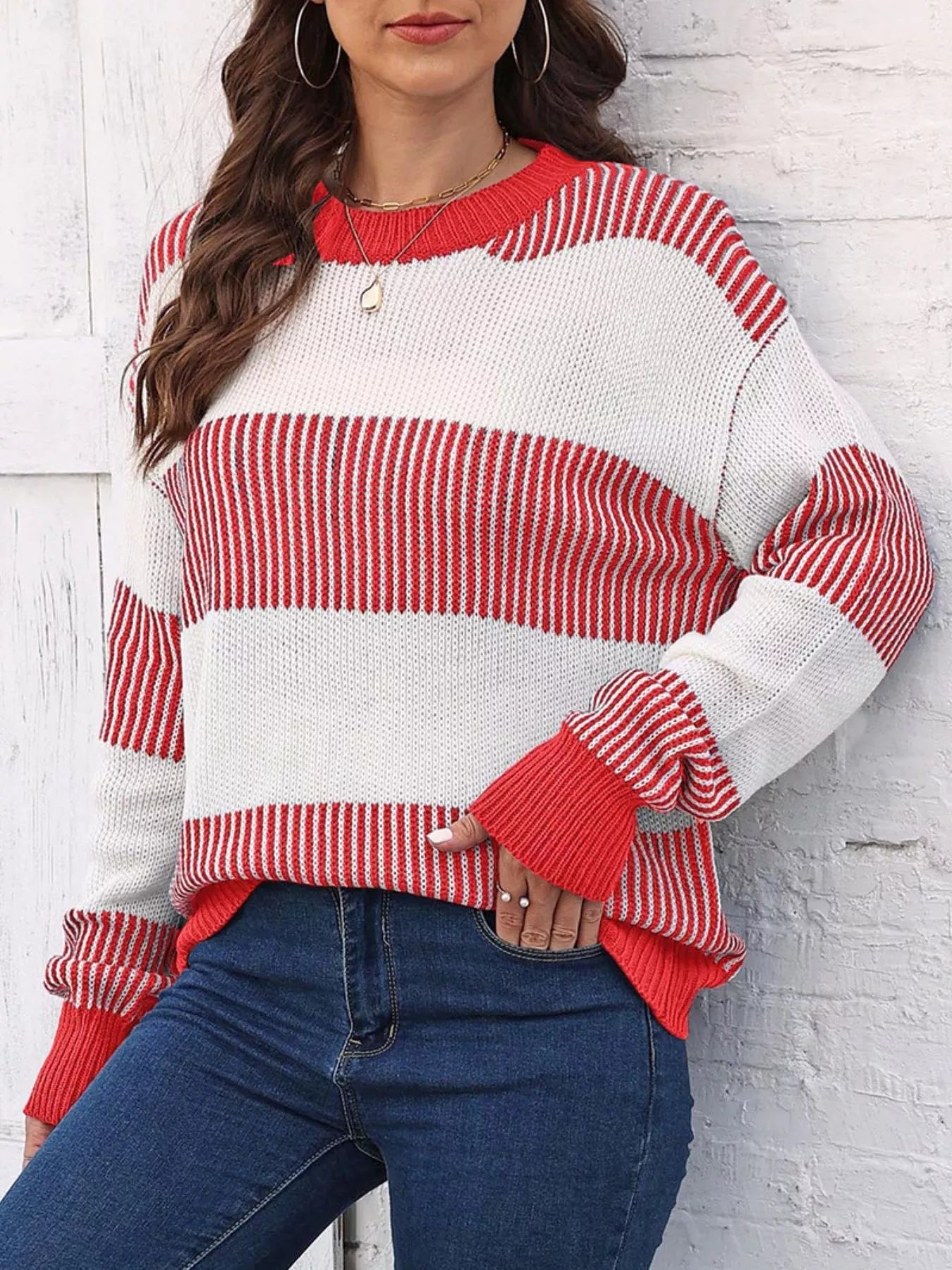Full Size Color Block Dropped Shoulder Sweater Plus Size - Rochelle's House LLC