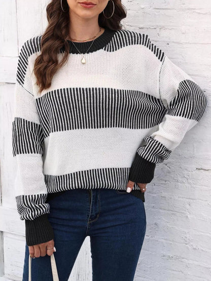 Full Size Color Block Dropped Shoulder Sweater Plus Size - Rochelle's House LLC