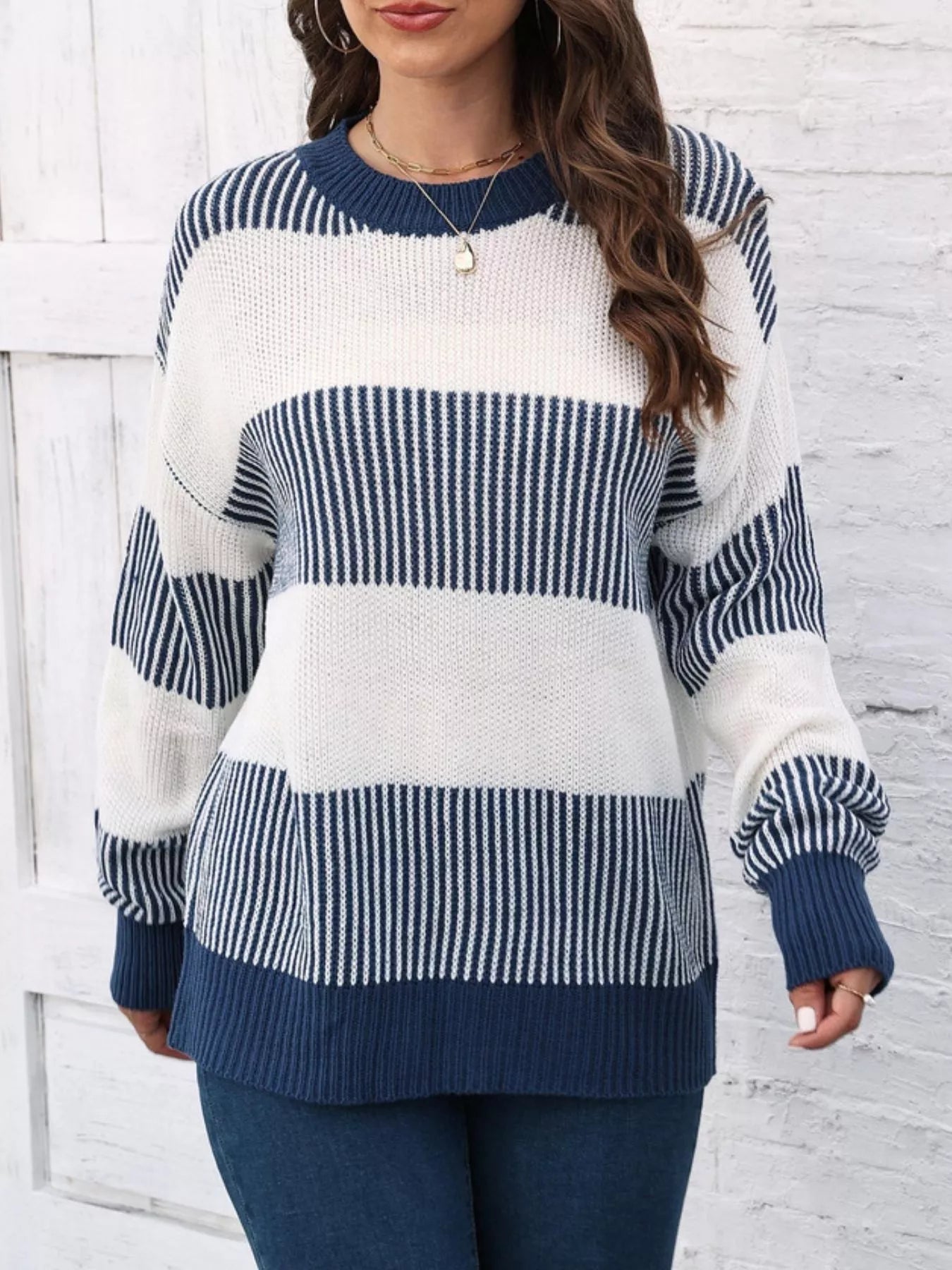 Full Size Color Block Dropped Shoulder Sweater Plus Size - Rochelle's House LLC