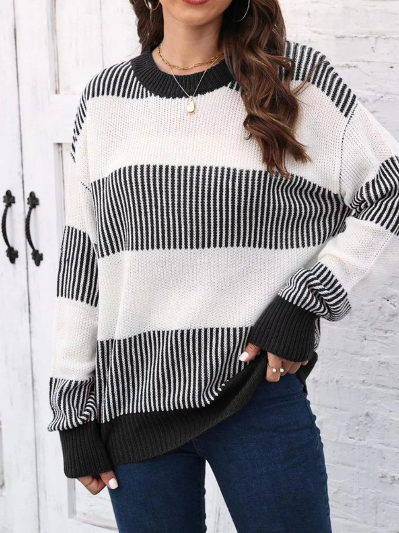Full Size Color Block Dropped Shoulder Sweater Plus Size - Rochelle's House LLC