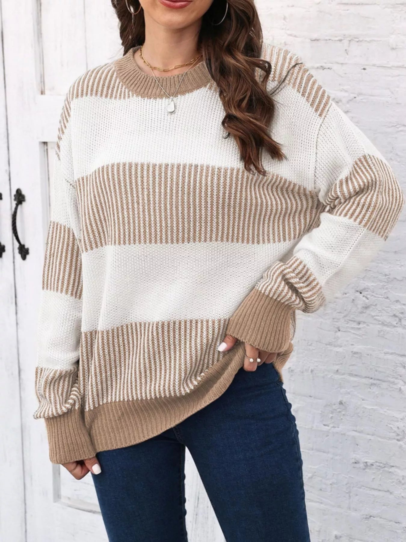Full Size Color Block Dropped Shoulder Sweater Plus Size - Rochelle's House LLC
