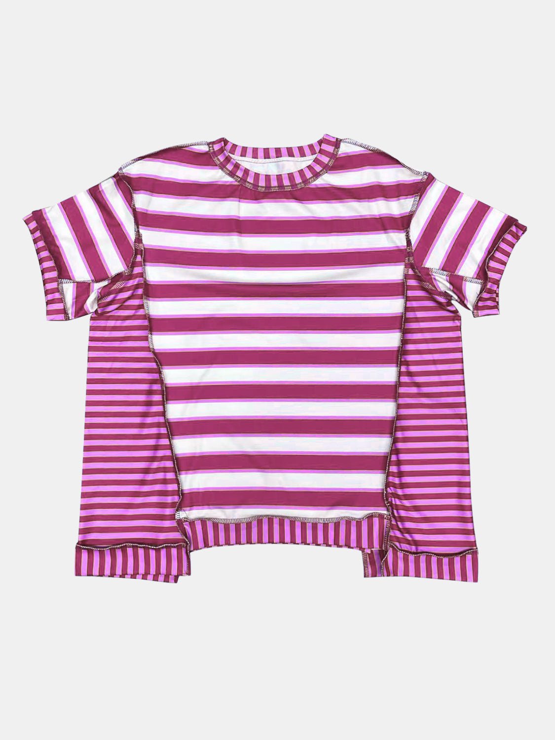 Full Size Contrast Stitching Striped Round Neck T-Shirt - Rochelle's House LLC