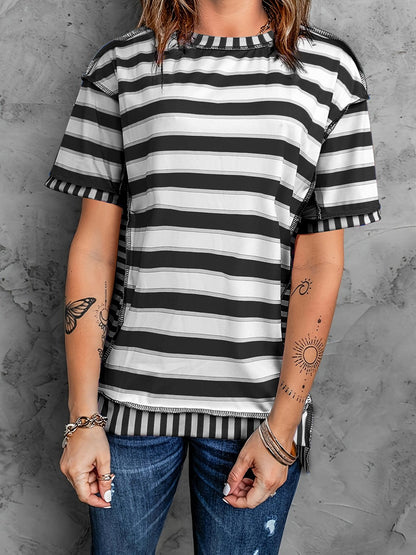 Full Size Contrast Stitching Striped Round Neck T-Shirt - Rochelle's House LLC