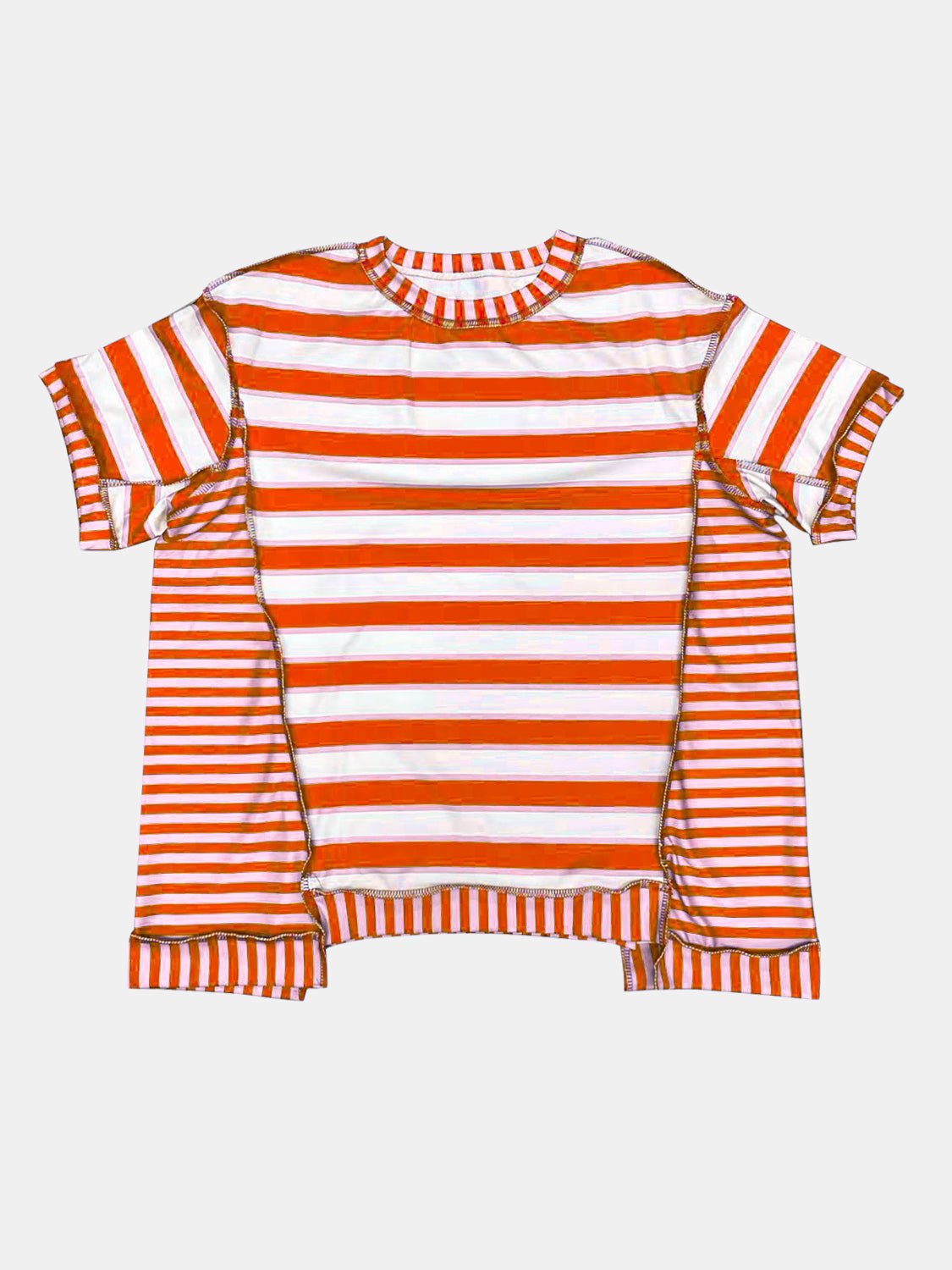 Full Size Contrast Stitching Striped Round Neck T-Shirt - Rochelle's House LLC