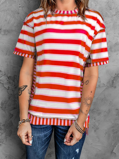 Full Size Contrast Stitching Striped Round Neck T-Shirt - Rochelle's House LLC