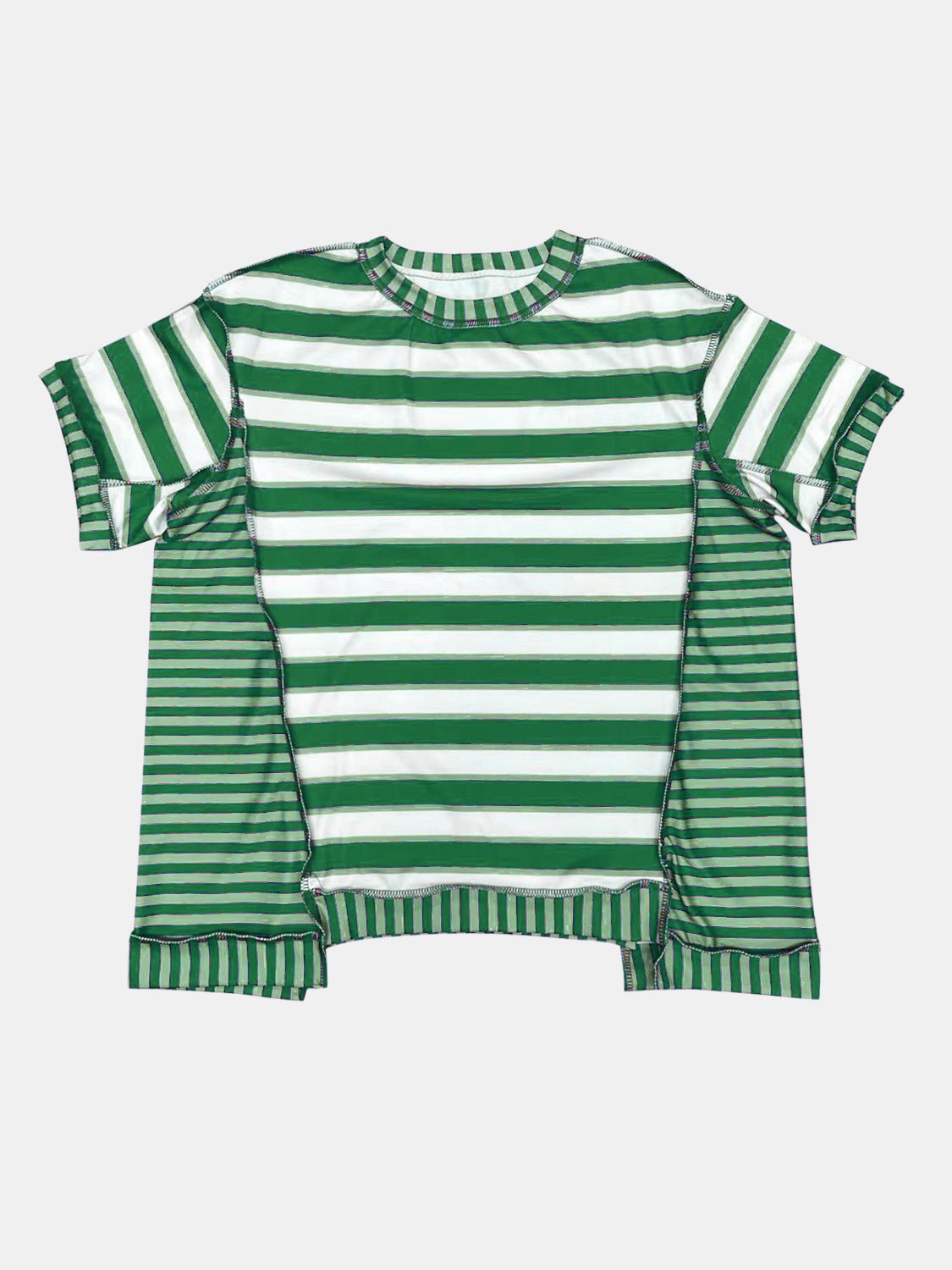 Full Size Contrast Stitching Striped Round Neck T-Shirt - Rochelle's House LLC