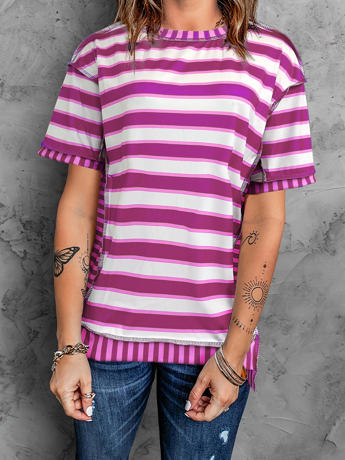 Full Size Contrast Stitching Striped Round Neck T-Shirt - Rochelle's House LLC