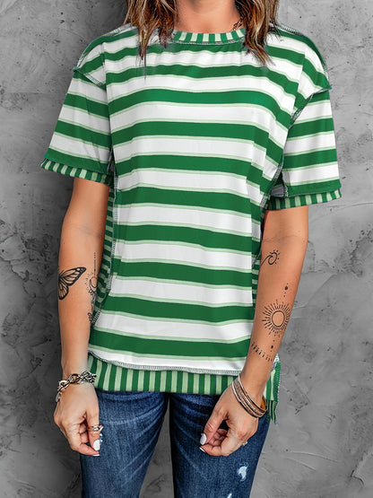 Full Size Contrast Stitching Striped Round Neck T-Shirt - Rochelle's House LLC