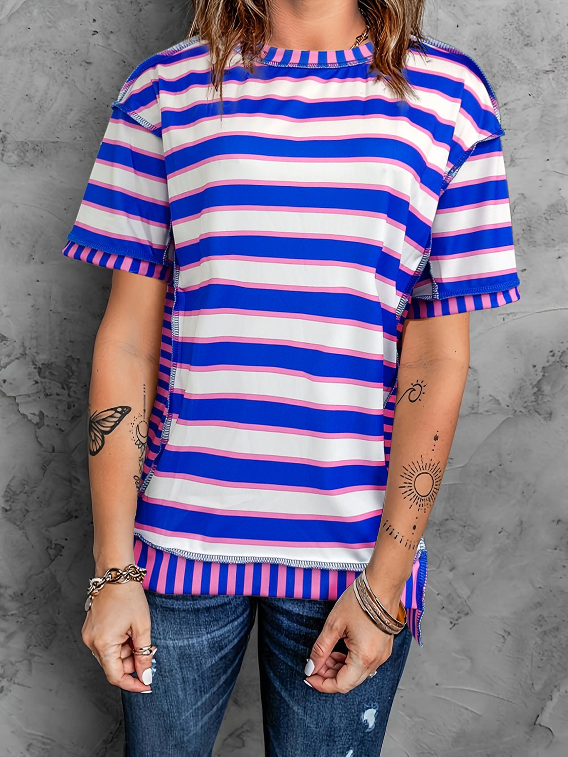 Full Size Contrast Stitching Striped Round Neck T-Shirt - Rochelle's House LLC