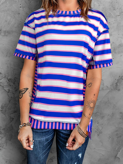 Full Size Contrast Stitching Striped Round Neck T-Shirt - Rochelle's House LLC