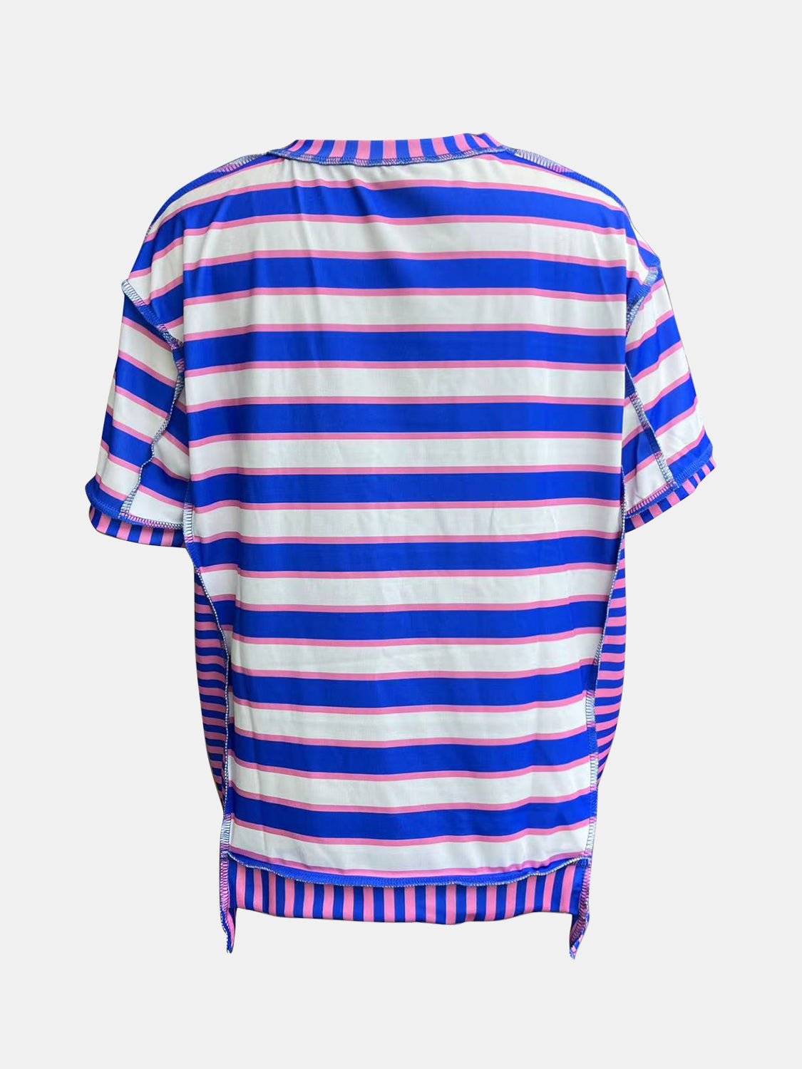 Full Size Contrast Stitching Striped Round Neck T-Shirt - Rochelle's House LLC