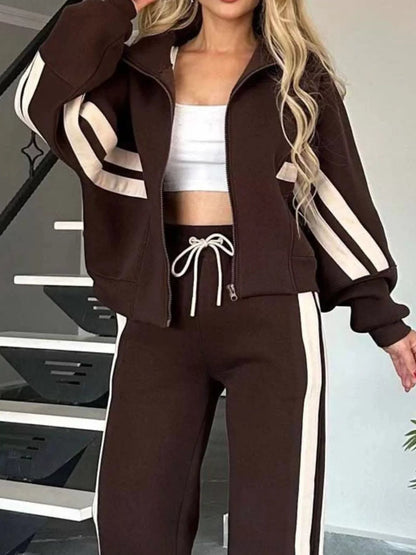 Full Size Contrast Stripe Zip Up Jacket and Pants Set Plus Size - Rochelle's House LLC