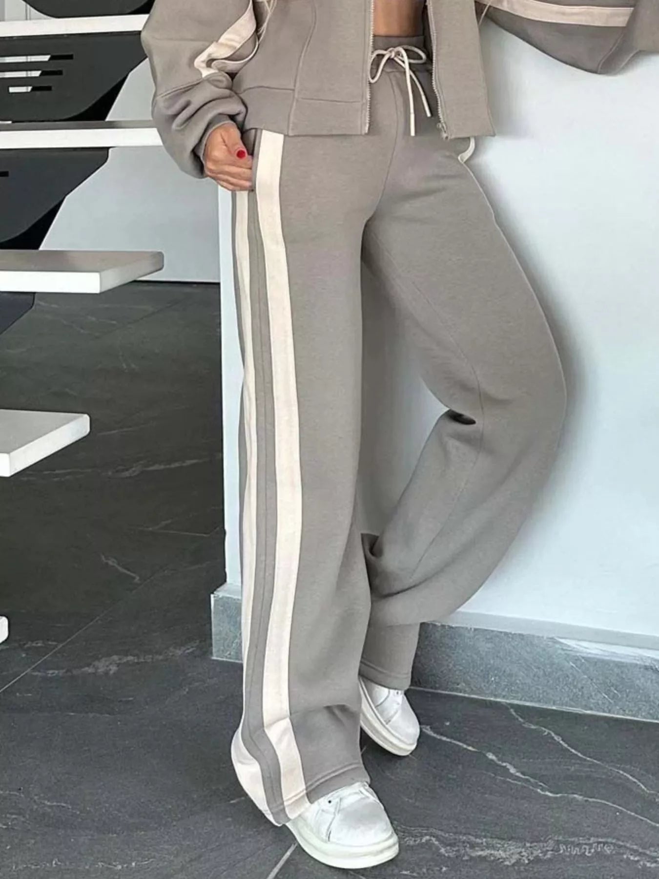 Full Size Contrast Stripe Zip Up Jacket and Pants Set Plus Size - Rochelle's House LLC