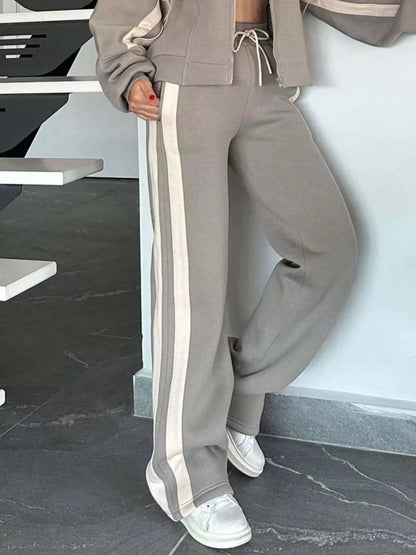 Full Size Contrast Stripe Zip Up Jacket and Pants Set Plus Size - Rochelle's House LLC