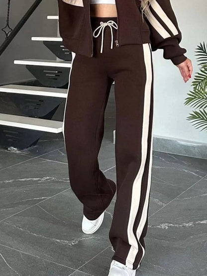 Full Size Contrast Stripe Zip Up Jacket and Pants Set Plus Size - Rochelle's House LLC