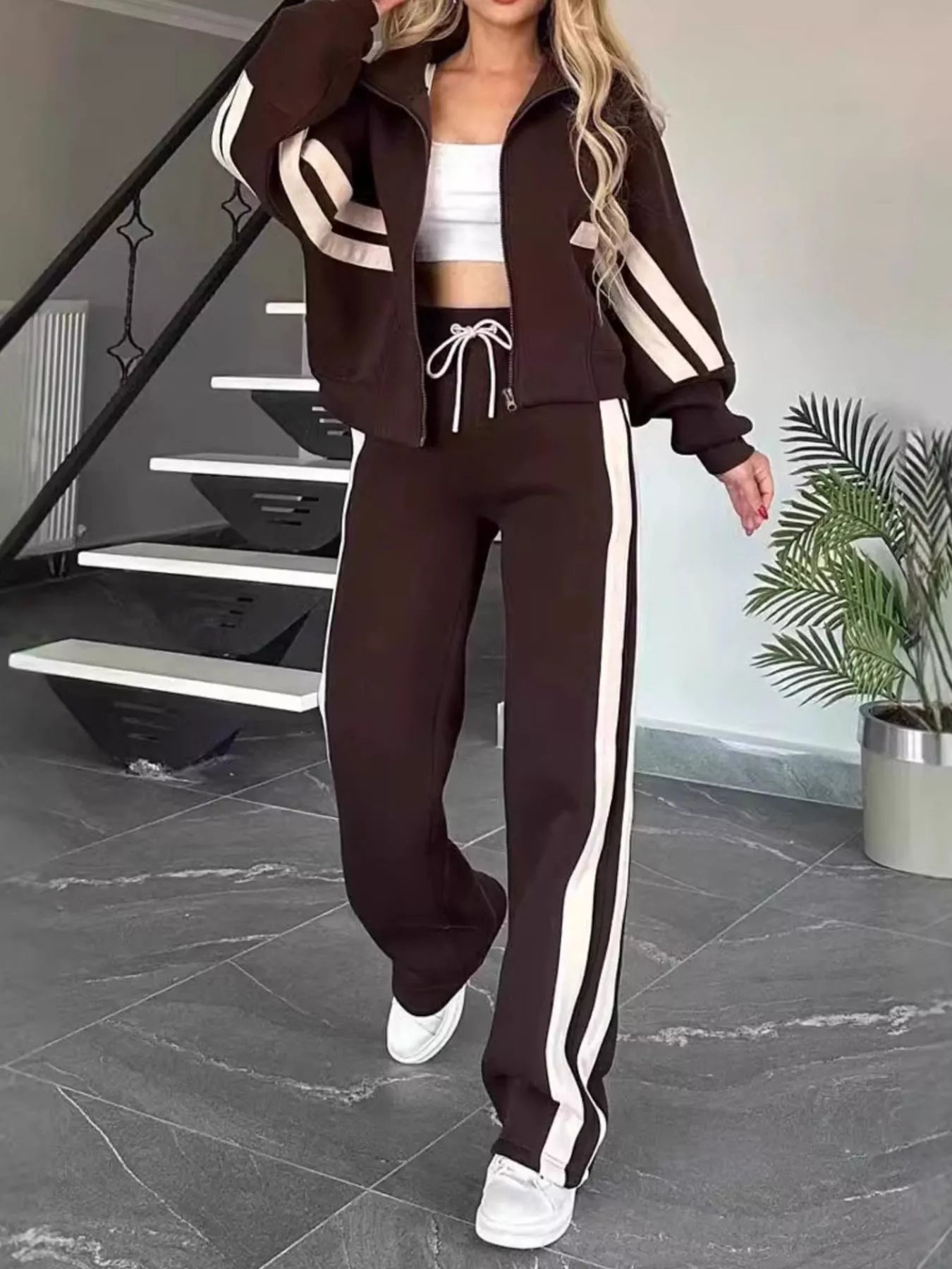 Full Size Contrast Stripe Zip Up Jacket and Pants Set Plus Size - Rochelle's House LLC