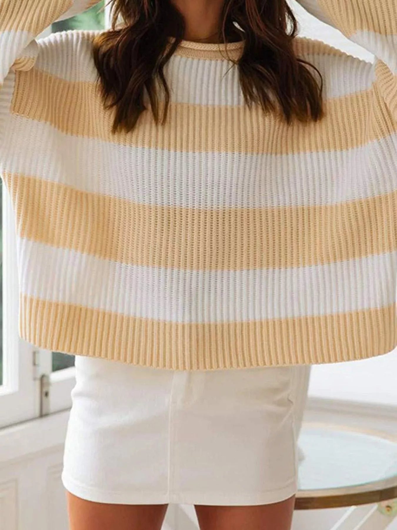 Full Size Contrast Striped Round Neck Sweater Plus Size - Rochelle's House LLC