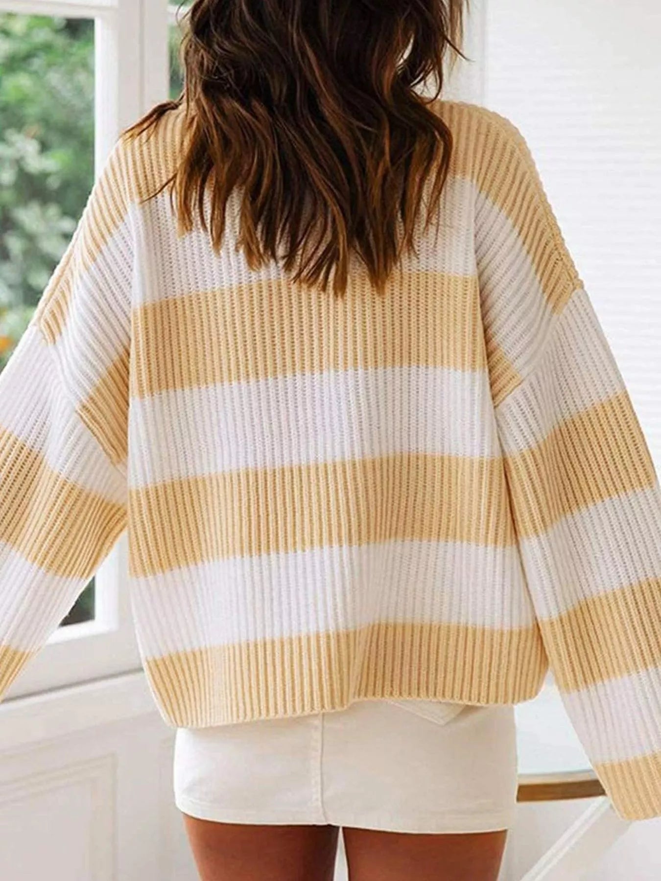 Full Size Contrast Striped Round Neck Sweater Plus Size - Rochelle's House LLC