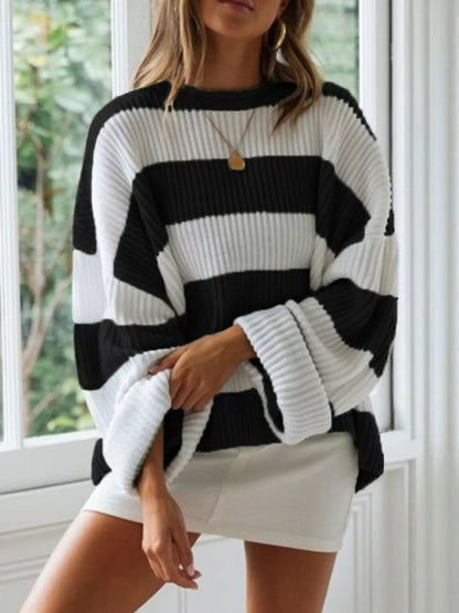 Full Size Contrast Striped Round Neck Sweater Plus Size - Rochelle's House LLC