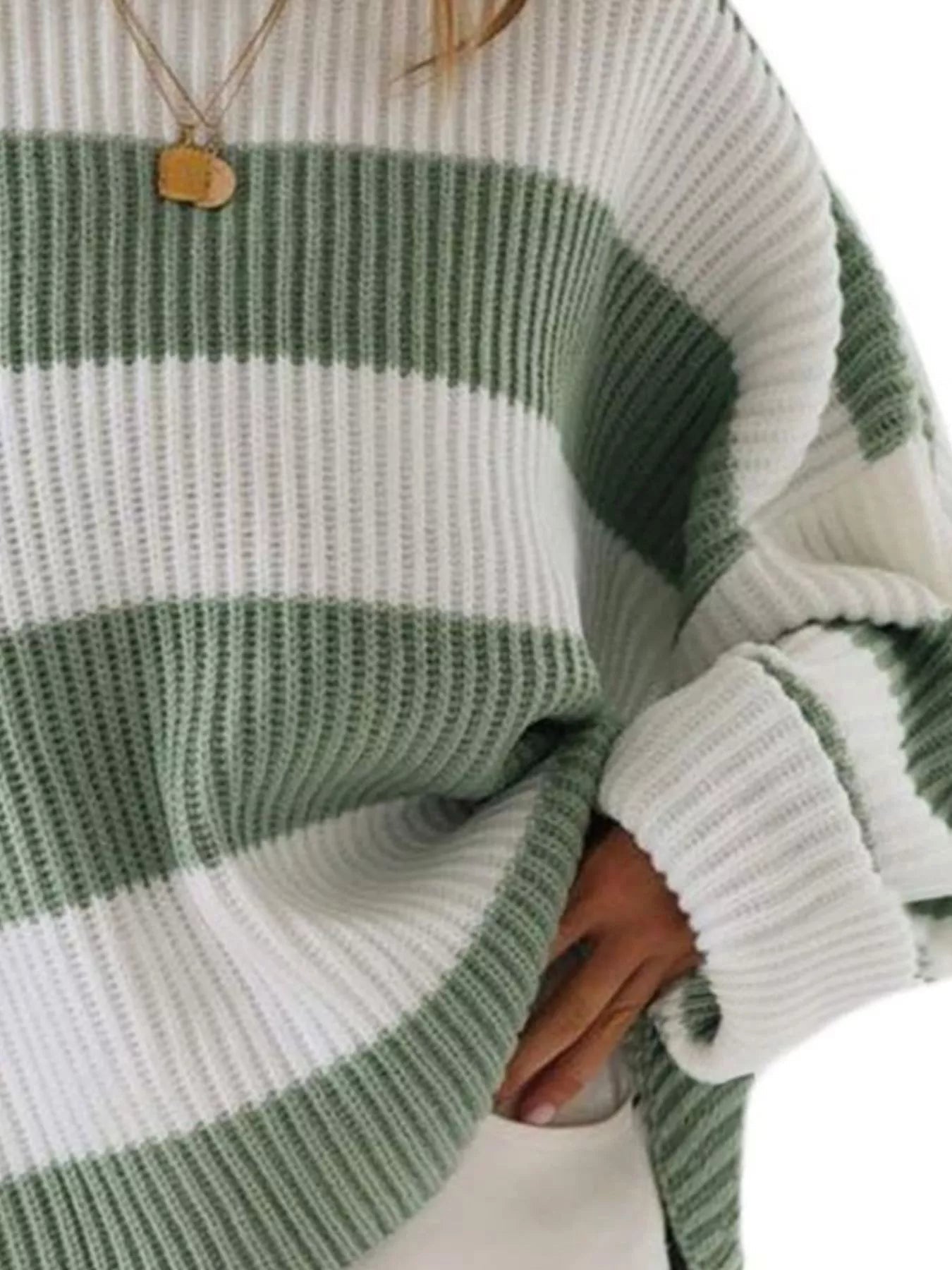 Full Size Contrast Striped Round Neck Sweater Plus Size - Rochelle's House LLC