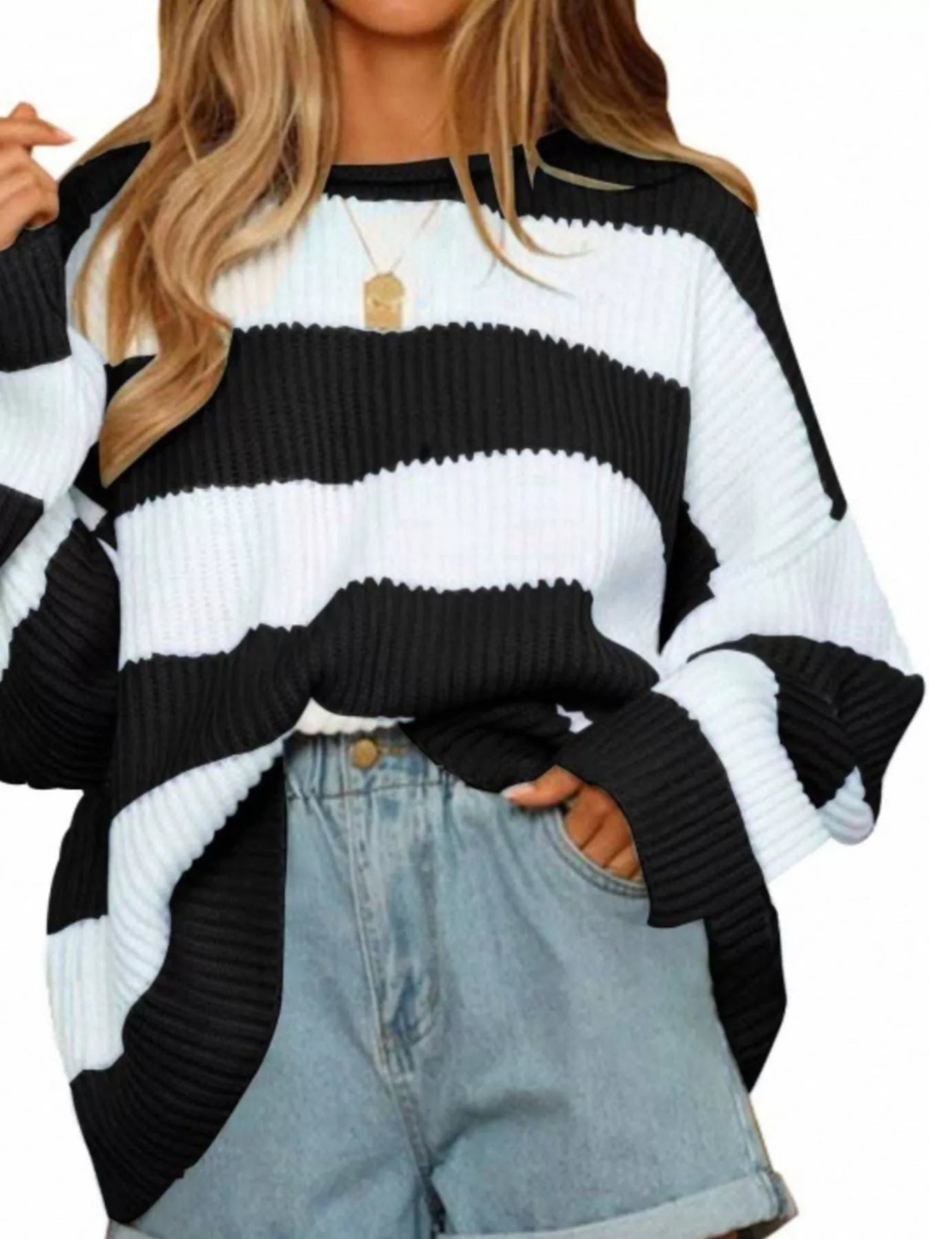 Full Size Contrast Striped Round Neck Sweater Plus Size - Rochelle's House LLC