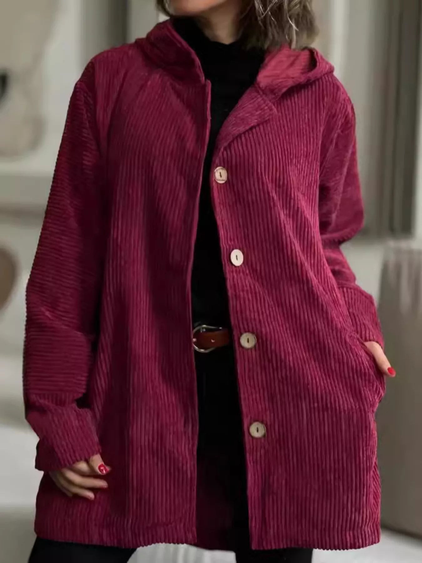 Front view of Full Size Corduroy Hooded Button-Up Jacket Plus Size in Wine Red showing neckline and sleeve details