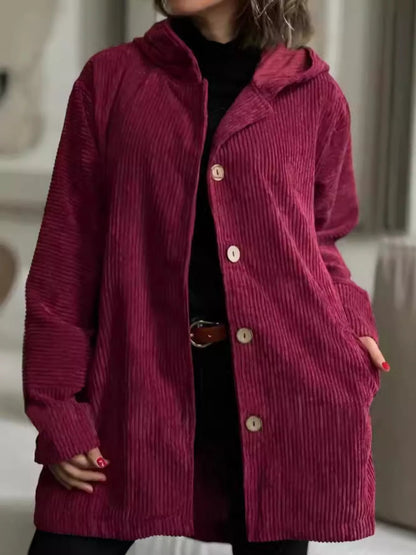 Front view of Full Size Corduroy Hooded Button-Up Jacket Plus Size in Wine Red showing neckline and sleeve details