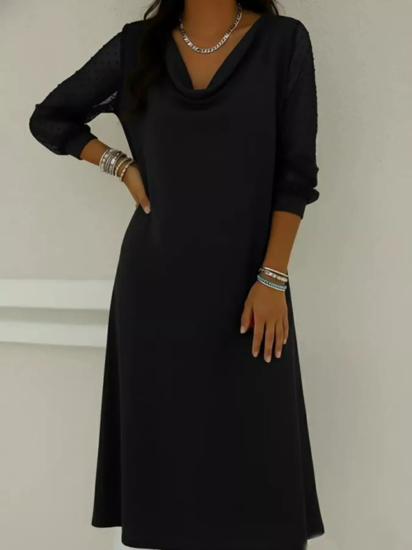 Full Size Cowl Neck Polka Dot Mesh Sleeve Dress Plus Size - Rochelle's House LLC