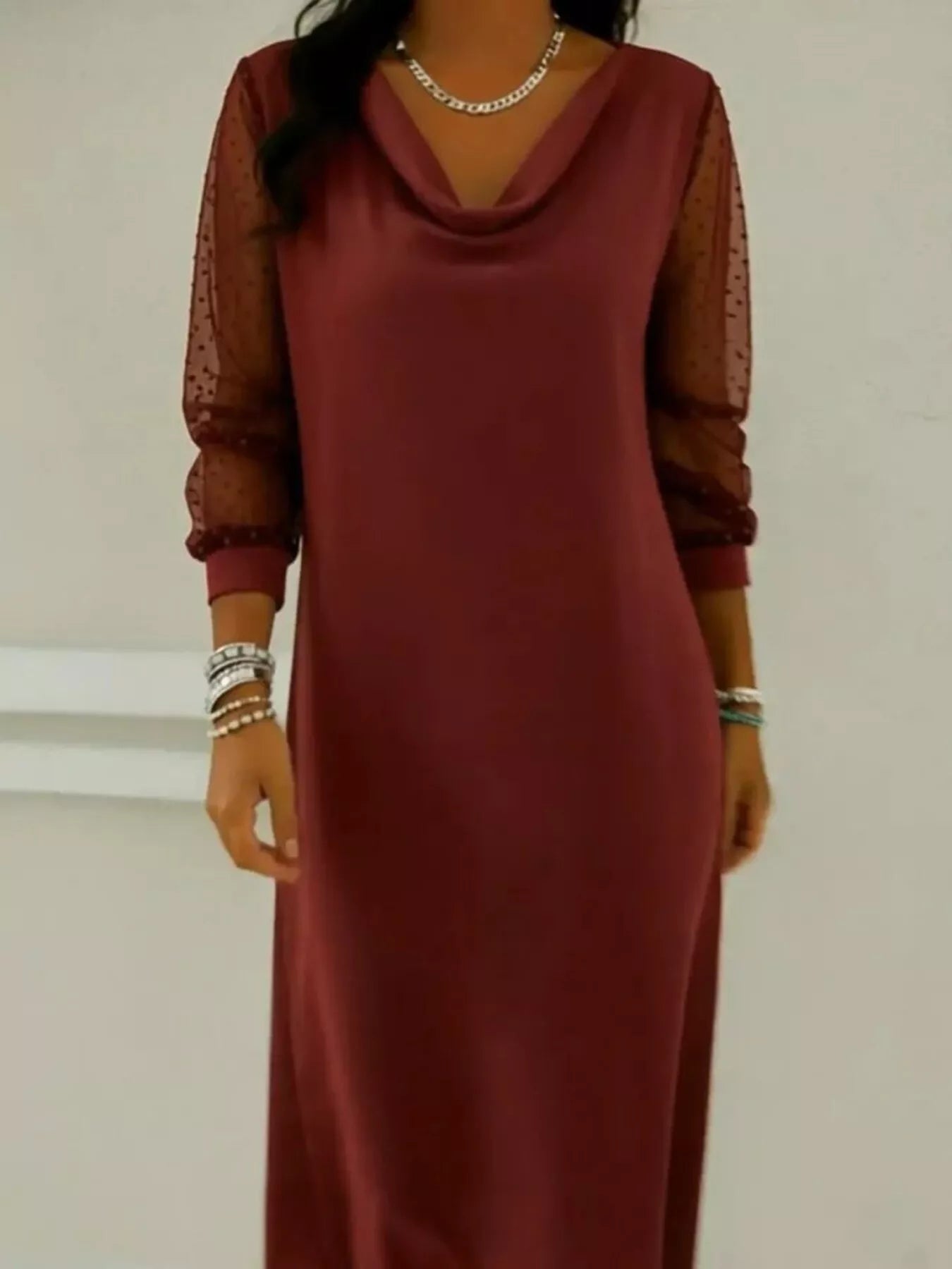 Full Size Cowl Neck Polka Dot Mesh Sleeve Dress Plus Size - Rochelle's House LLC