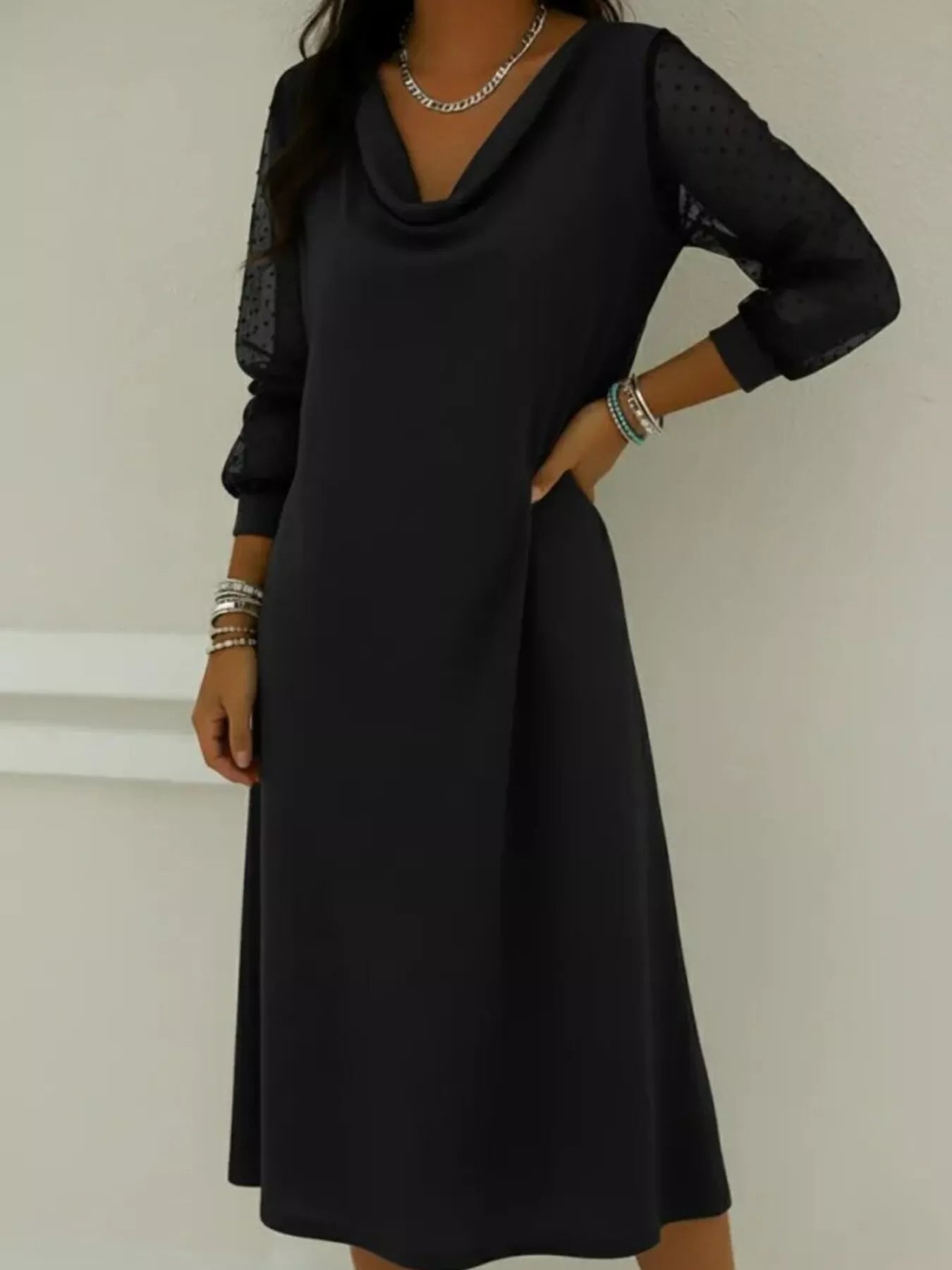 Full Size Cowl Neck Polka Dot Mesh Sleeve Dress Plus Size - Rochelle's House LLC