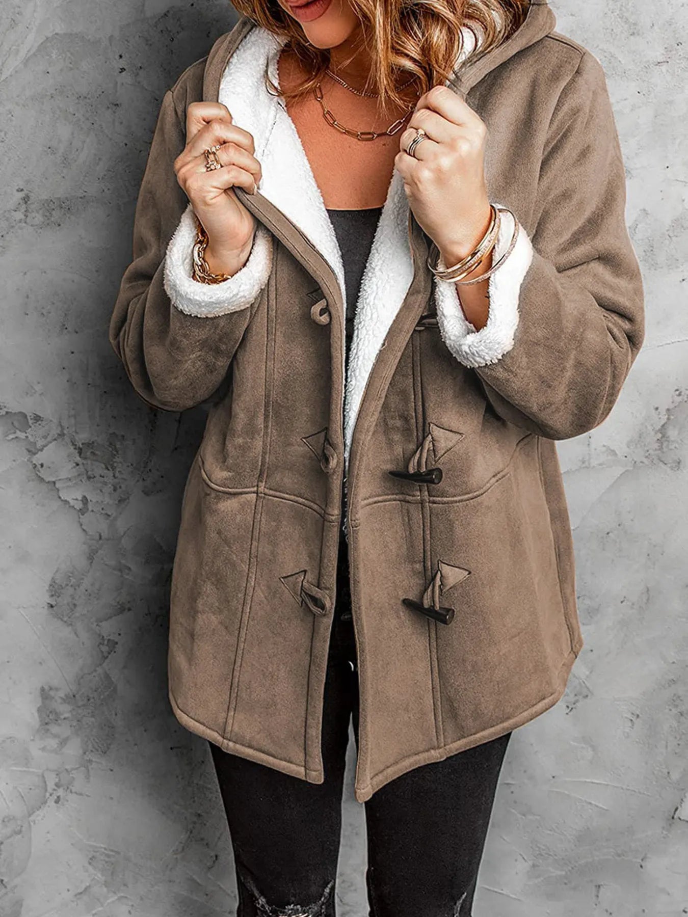 Front view of Full Size Cozy Sherpa Lined Toggle Coat with Hood Plus Size in Brown showing neckline and sleeve details