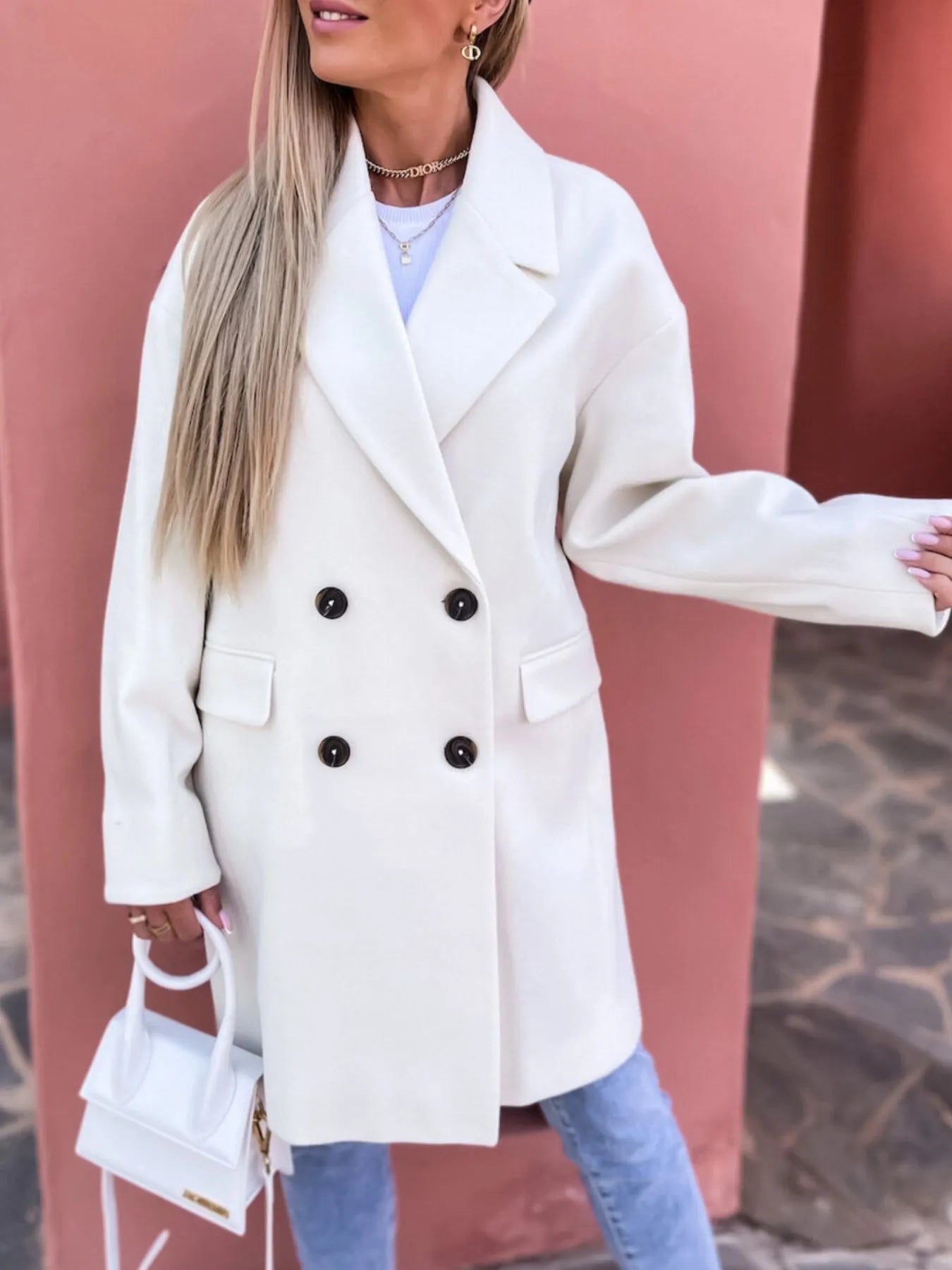 Front view of Full Size Double-Breasted Wool Coat Plus Size in White showing neckline and sleeve details (wool)