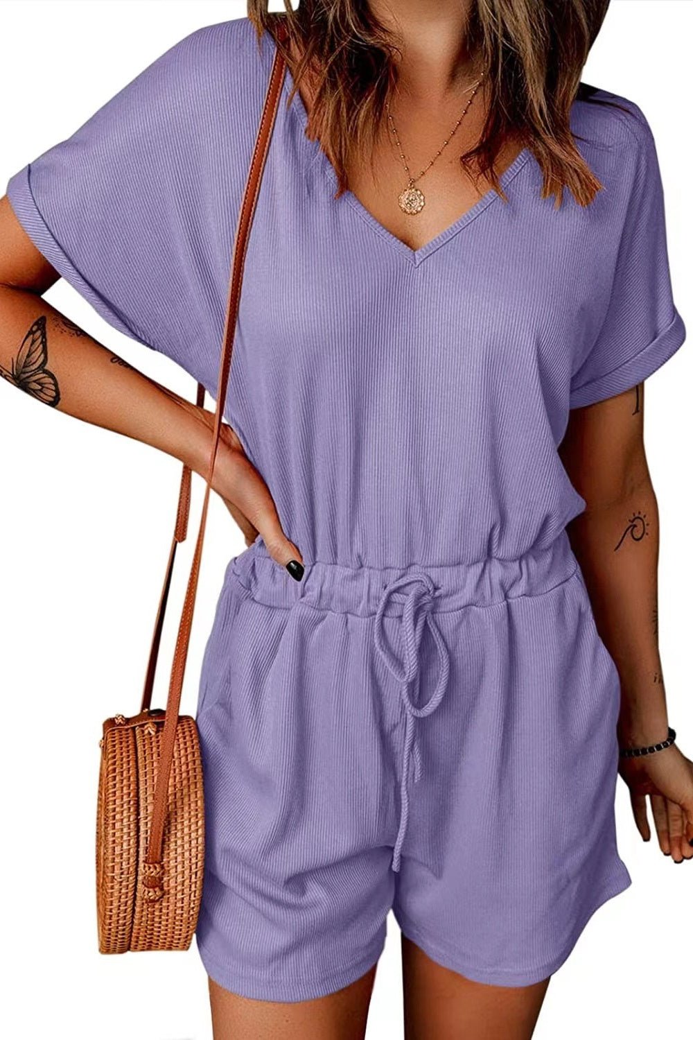 Full Size Drawstring V - Neck Short Sleeve Romper - Rochelle's House LLC
