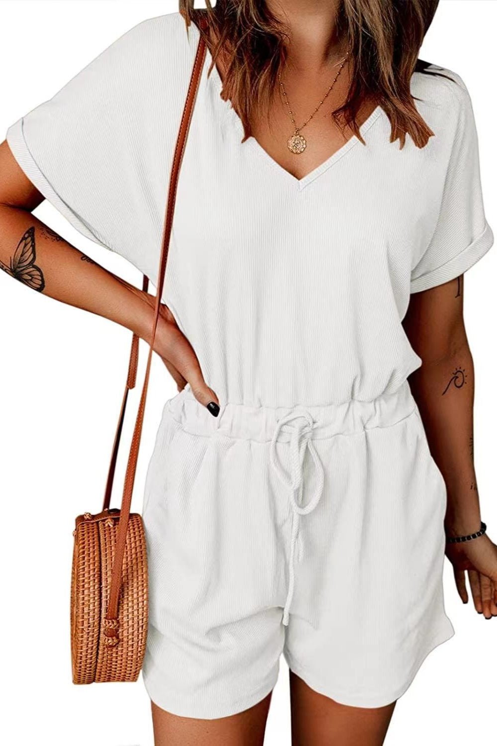 Full Size Drawstring V - Neck Short Sleeve Romper - Rochelle's House LLC