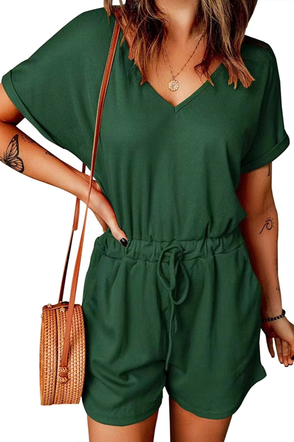 Full Size Drawstring V - Neck Short Sleeve Romper - Rochelle's House LLC