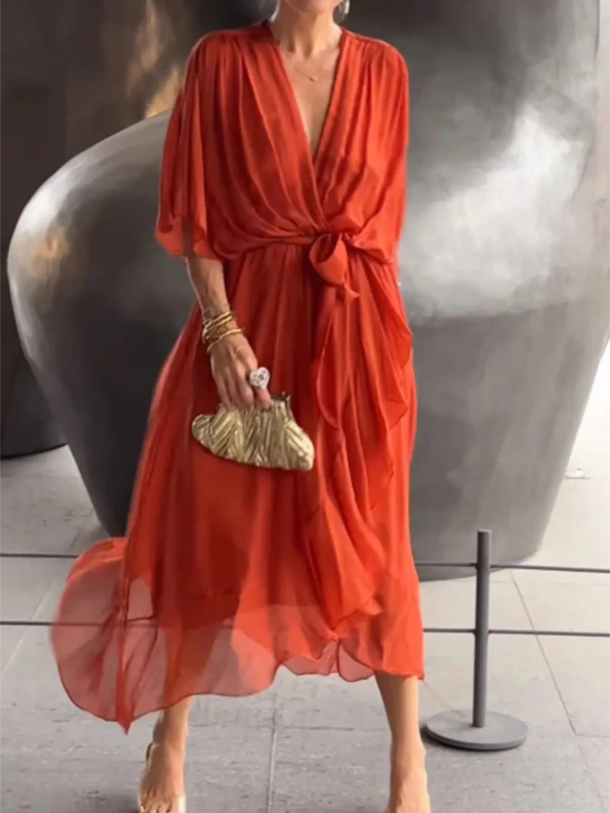 Full Flowy Robe Full Size Flowy Tie Front Midi Dress with Flutter Sleeves Plus Size