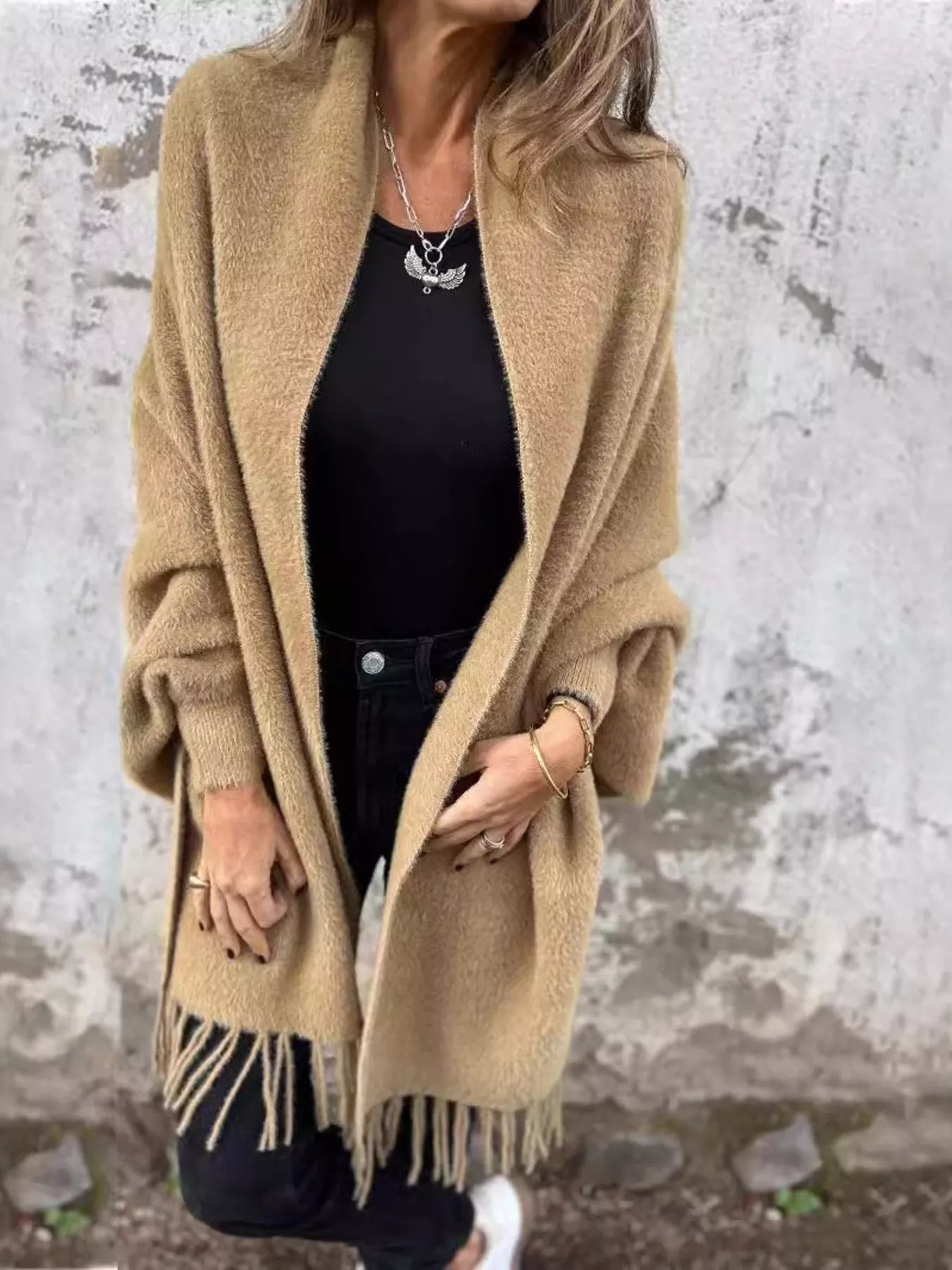 Full Size Fringe Open Front Cardigan Plus Size - Rochelle's House LLC