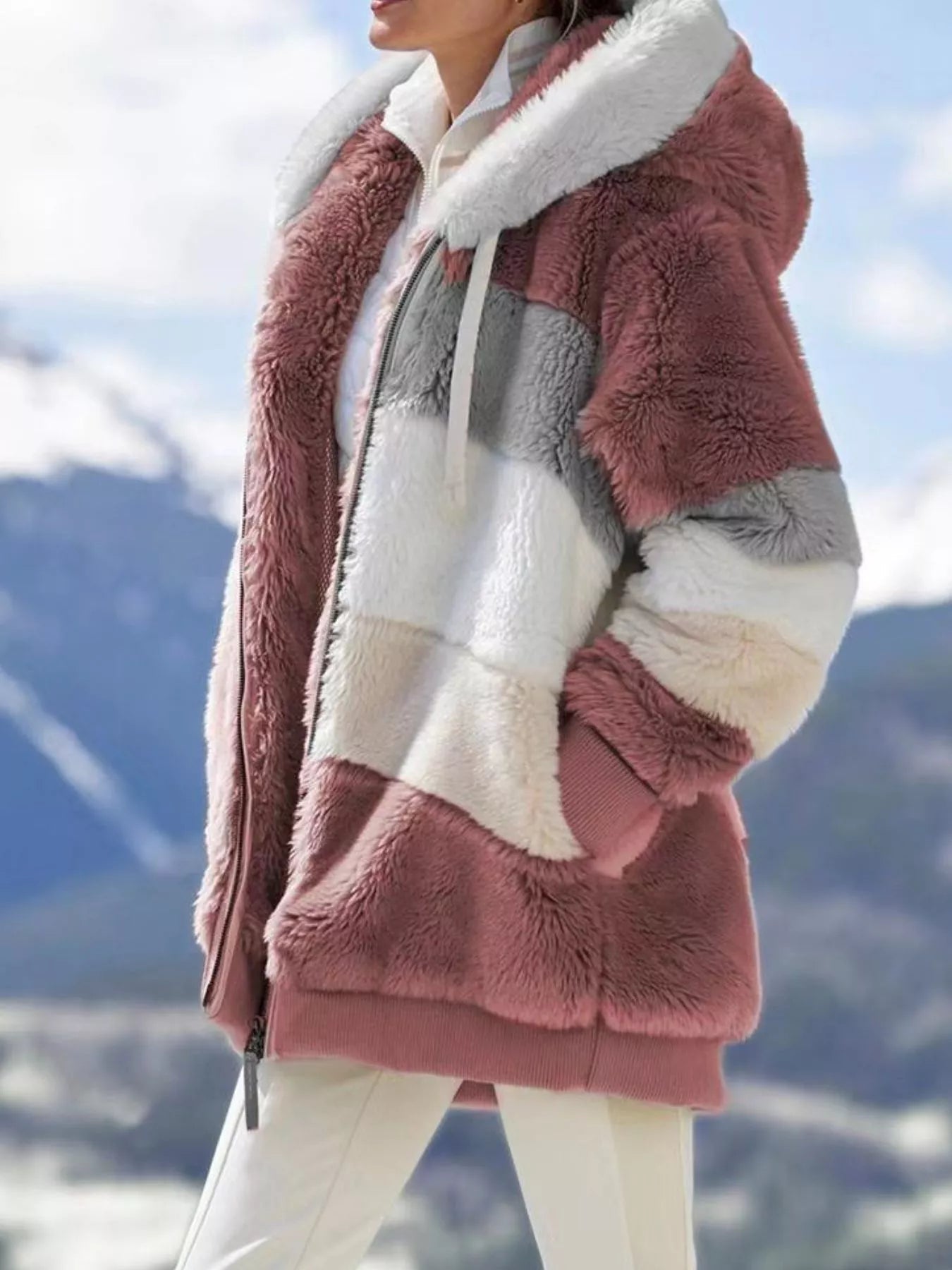 Full Size Fuzzy Zip Up Hooded Outerwear Plus Size - Rochelle's House LLC