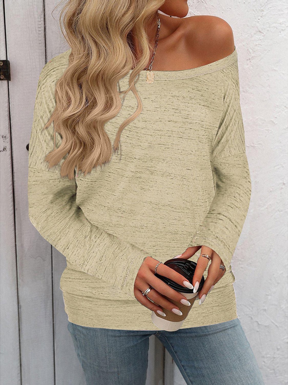 Front view of Full Size Heathered Long Sleeve Top in Tan showing neckline and sleeve details