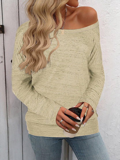 Front view of Full Size Heathered Long Sleeve Top in Tan showing neckline and sleeve details