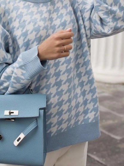 Full Size Houndstooth Pattern Oversized Sweater Plus Size - Rochelle's House LLC