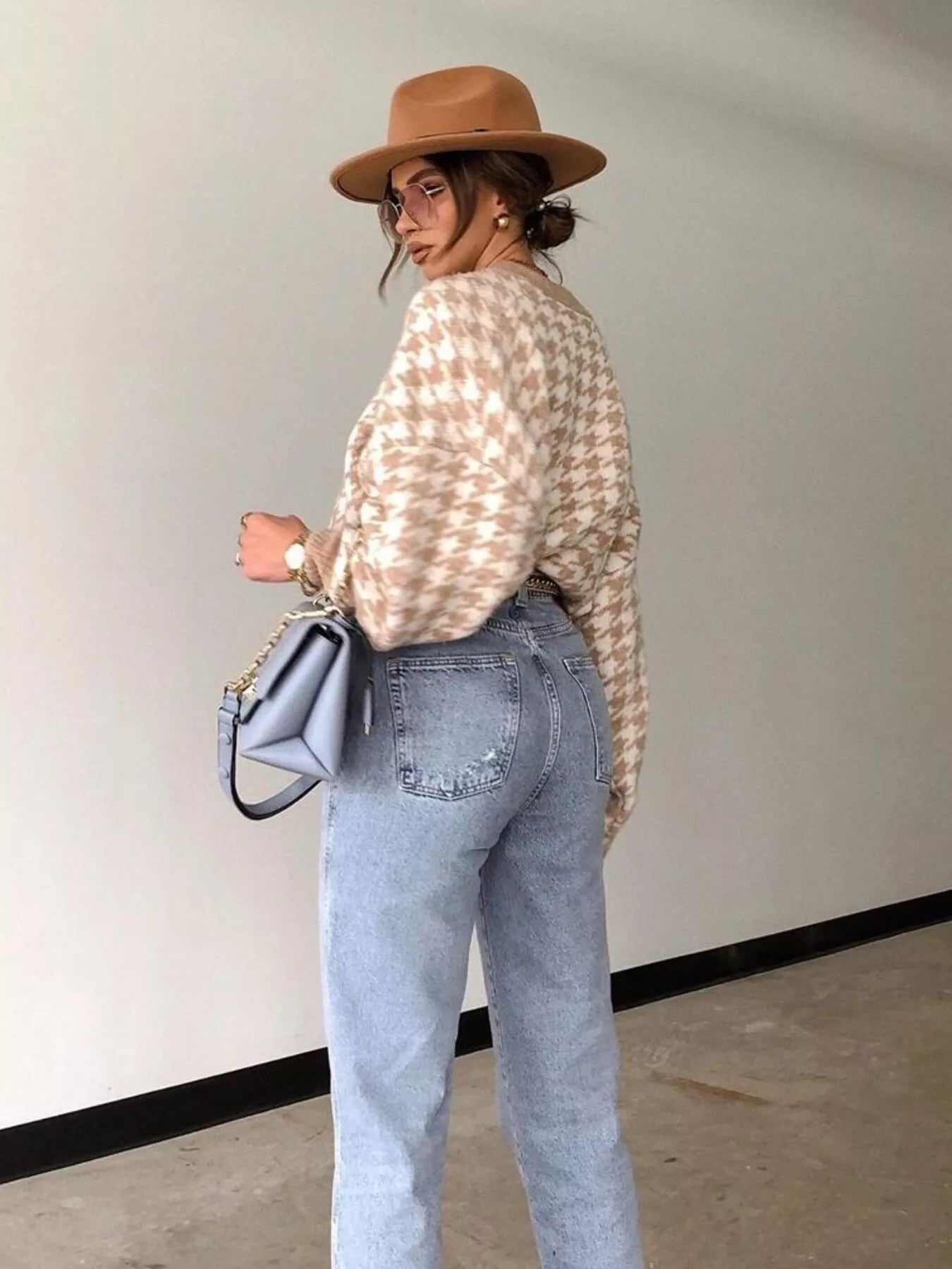 Full Size Houndstooth Pattern Oversized Sweater Plus Size - Rochelle's House LLC