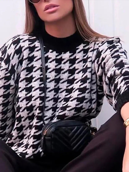 Full Size Houndstooth Pattern Oversized Sweater Plus Size - Rochelle's House LLC