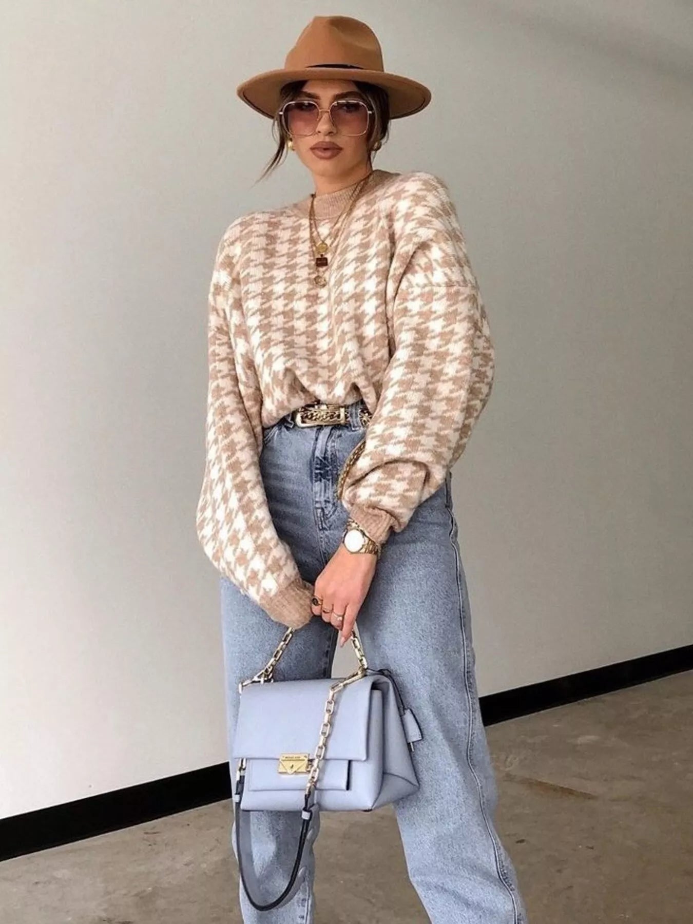 Full Size Houndstooth Pattern Oversized Sweater Plus Size - Rochelle's House LLC