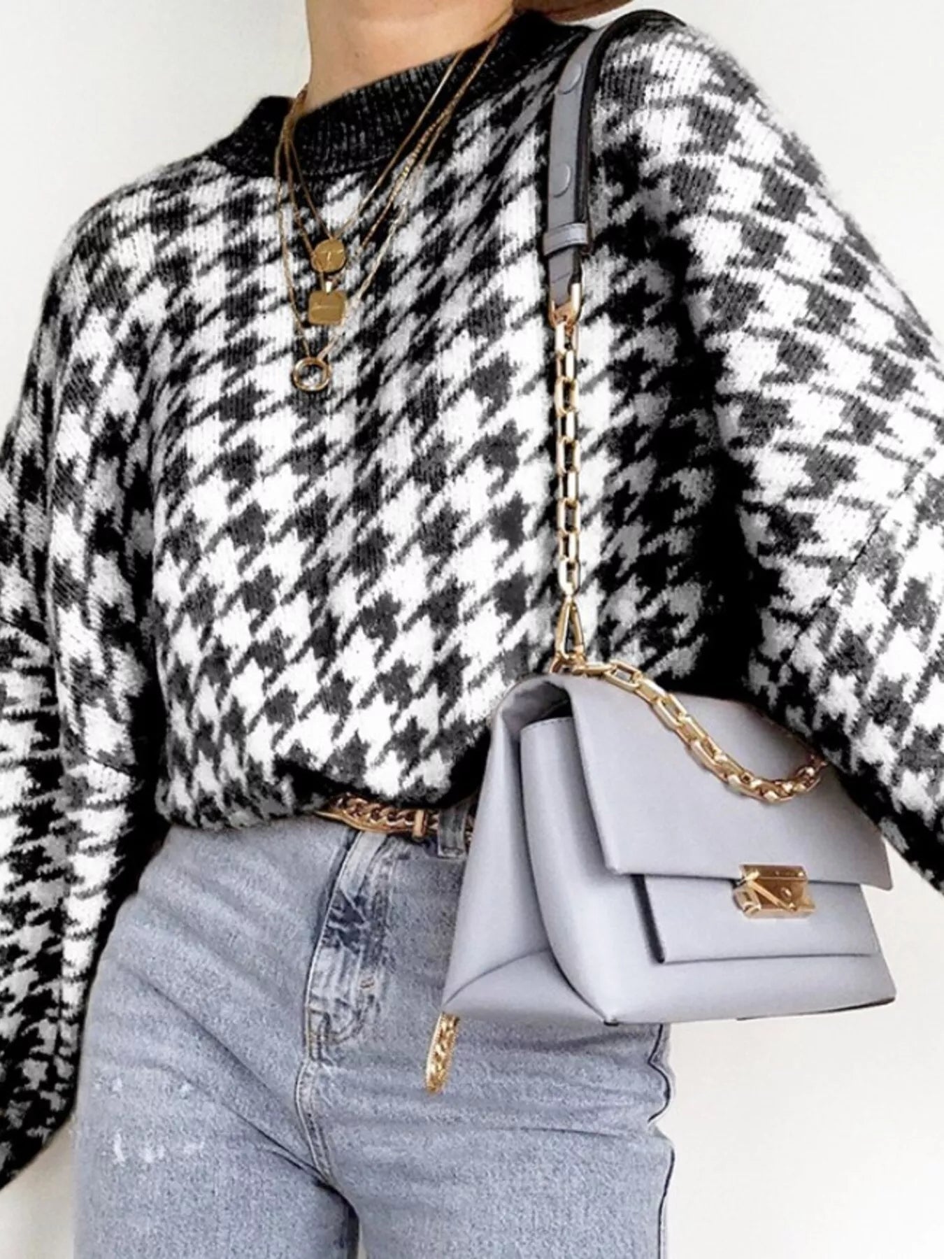 Full Size Houndstooth Pattern Oversized Sweater Plus Size - Rochelle's House LLC