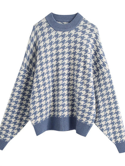 Full Size Houndstooth Pattern Oversized Sweater Plus Size - Rochelle's House LLC
