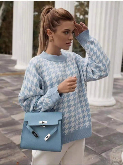 Full Size Houndstooth Pattern Oversized Sweater Plus Size - Rochelle's House LLC